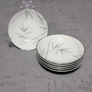 6 Noritake Bambina Berry Dessert Bowl 5.5in White Green Silver Bamboo MCM 5791